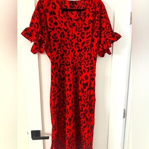 Who What Wear Red and Black Patterned midi dress with tie back.